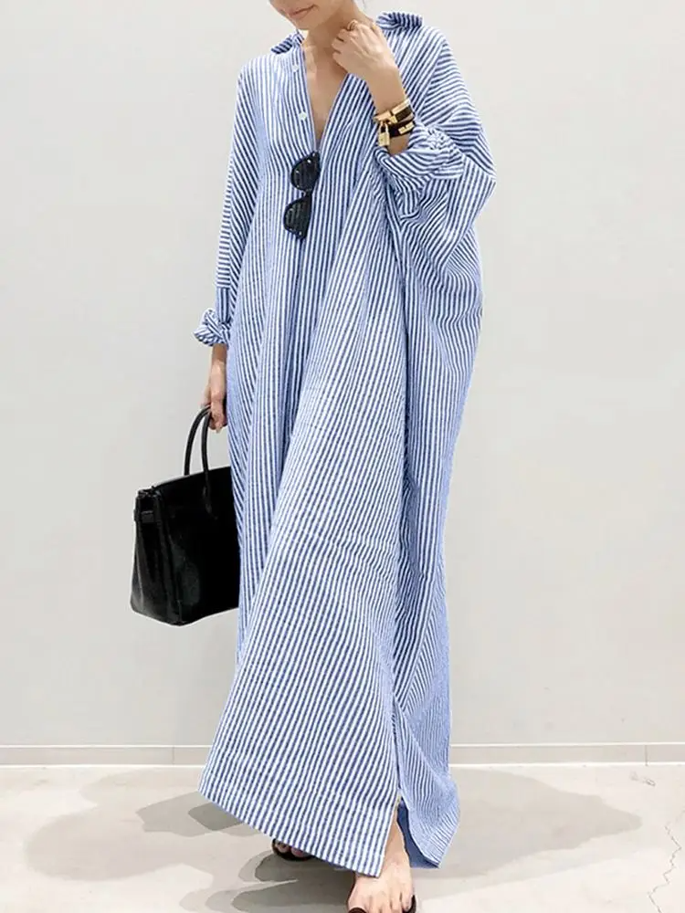 Alyssa™ - Abito Maxi Stampato a righe con Maniche Abullonadas