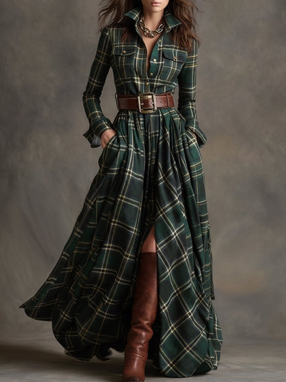 Giulia - Abito lungo a quadri in marrone rossiccio con collo e stile etnico retrò