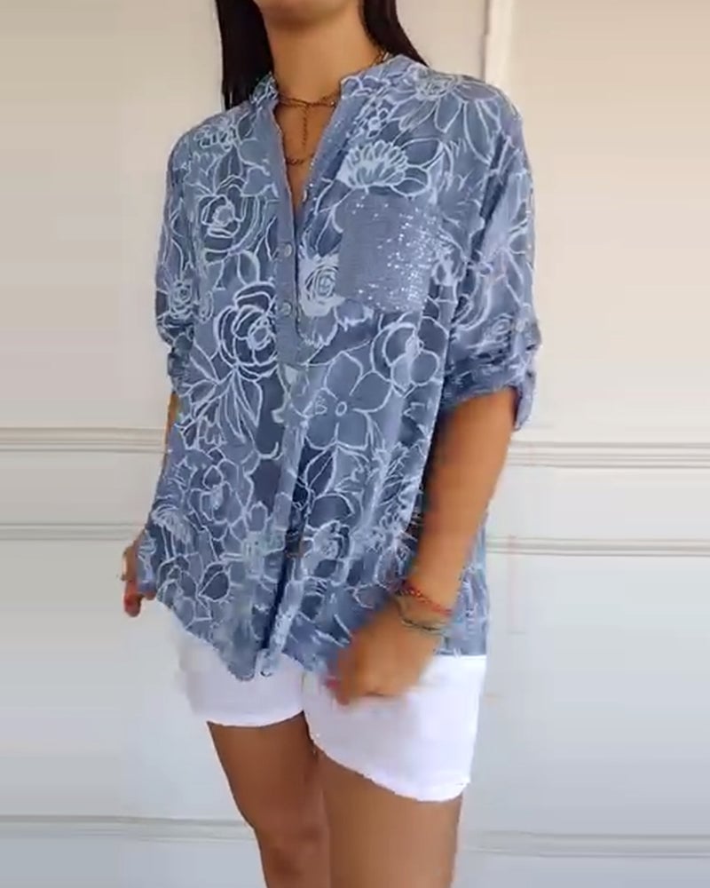 Blusa Stampata Abotonada con collo a V