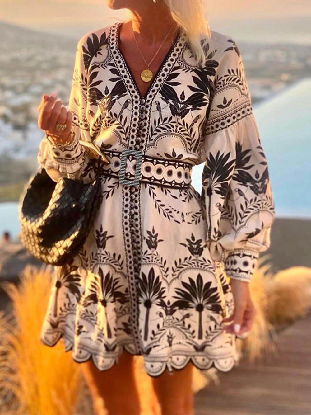 Mini Abito Morbido di Spiaggia con Stampato di Moda