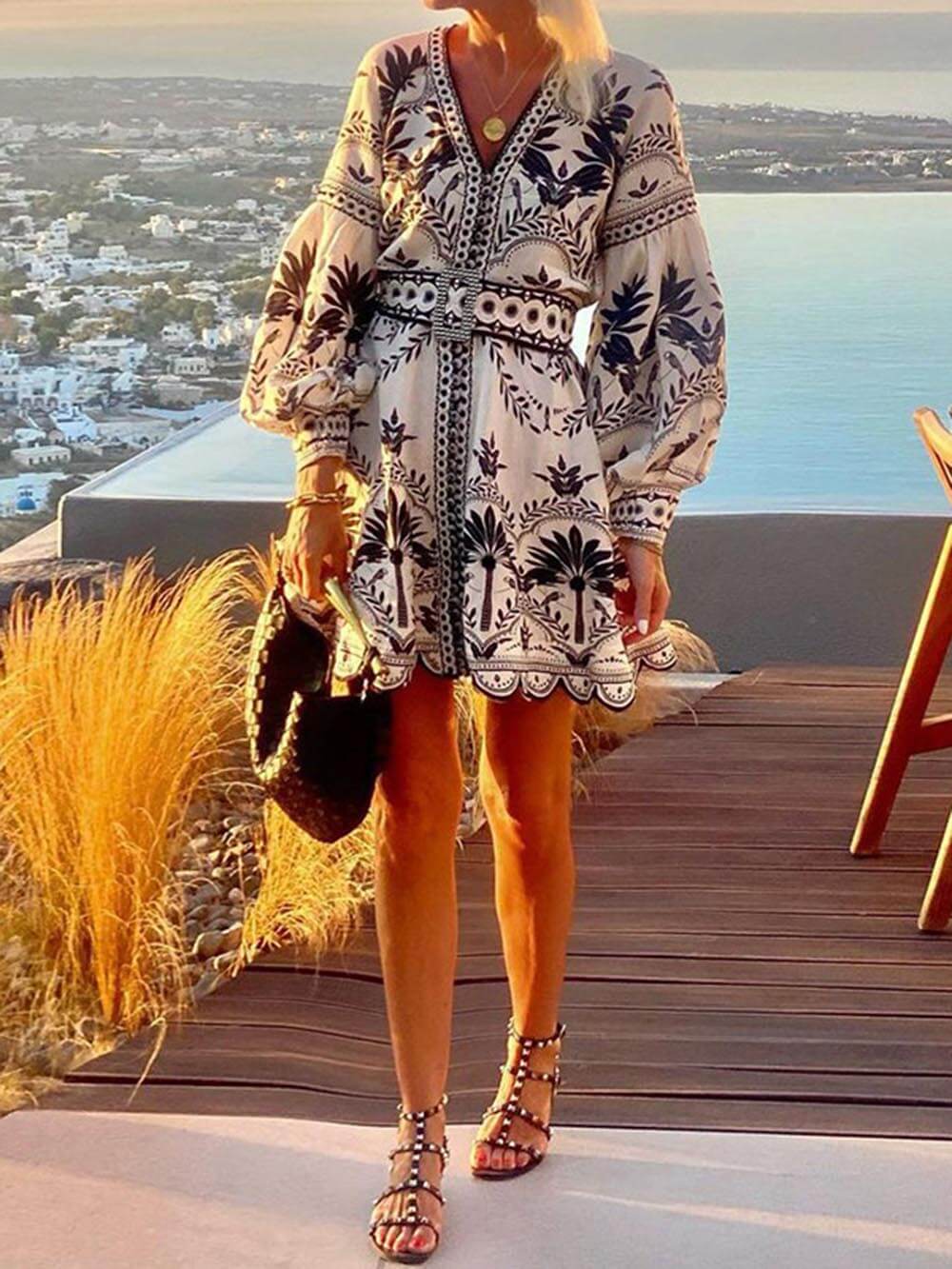 Mini Abito Morbido di Spiaggia con Stampato di Moda