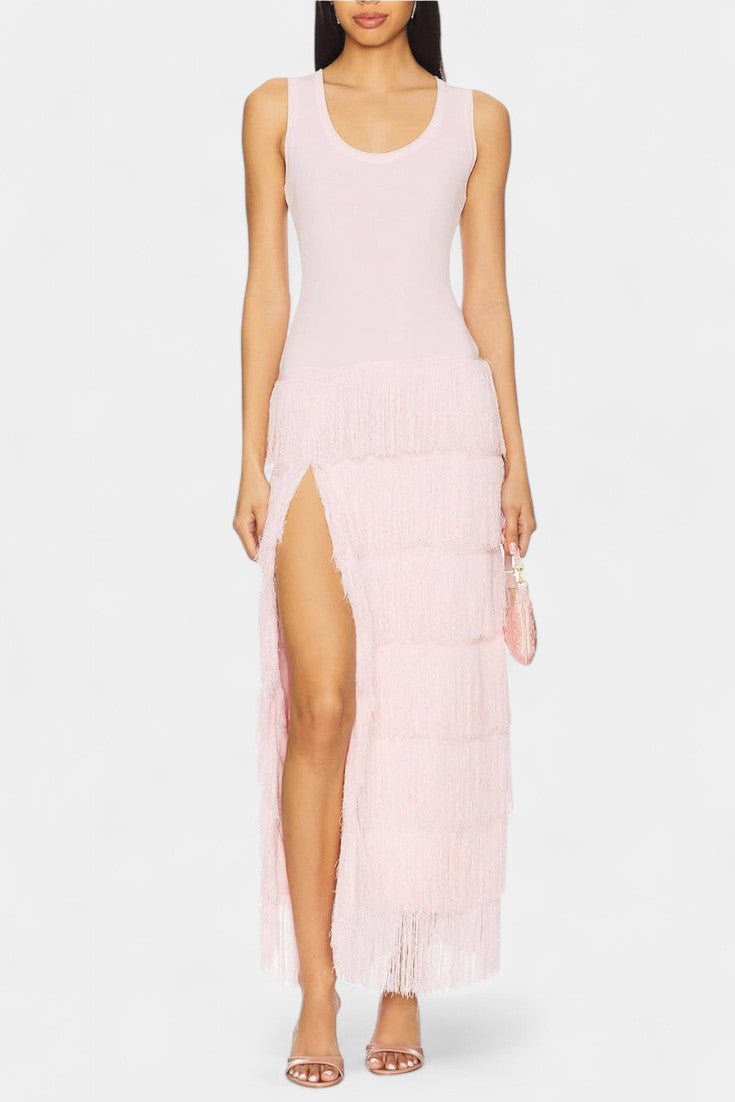 Kalani Abito maxi con Frange in Capas e Spacco laterale