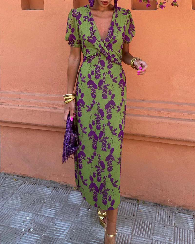 Aria™ - Elegante Abito con scollo a V profundo con motivo di hojas