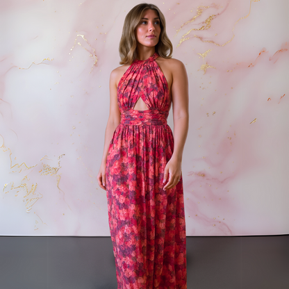 Vania – Abito Maxi Floreale Elegante con Schiena scoperta