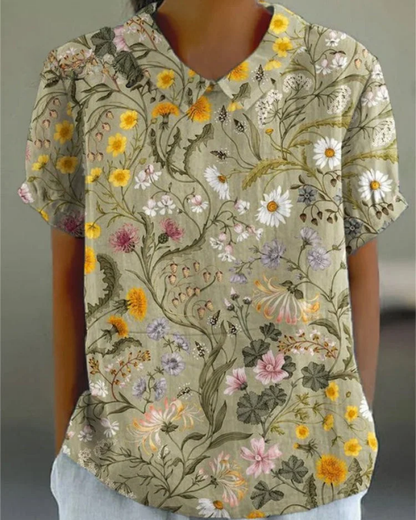 Beatrix | Camicia di Cotone-Lino Floreale Retrò