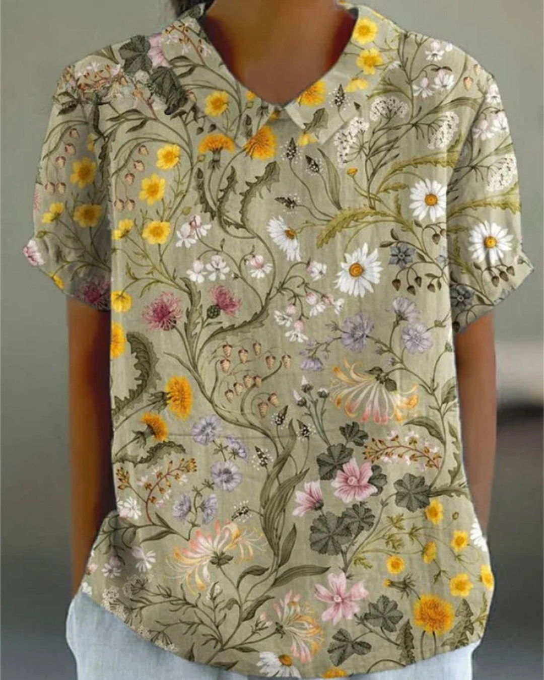 Beatrix - Camicia di Cotone-Lino con Fiori Retrò