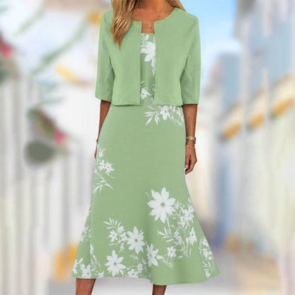 Abito Midi Unico con Stampato di Plantas Azules e Chaqueta