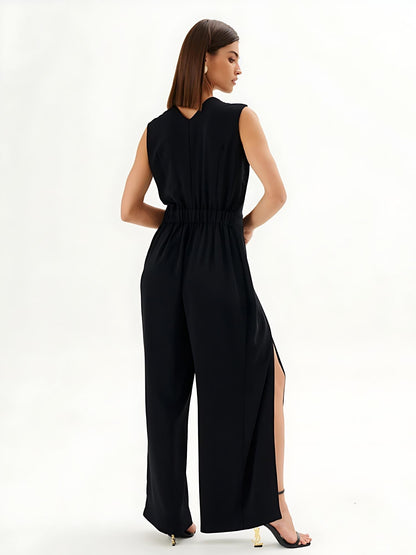 Jumpsuit nero senza maniche con effetto avvolgente e gamba larga