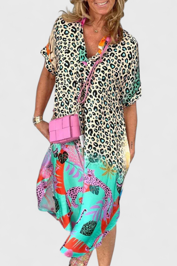 Gala Abito Boho Casual con Stampa di Leopardo e scollo a V