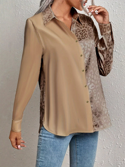 Gwendolyn - Camicia di Bottoni di Satin Bicolor con Stampa di Leopardo