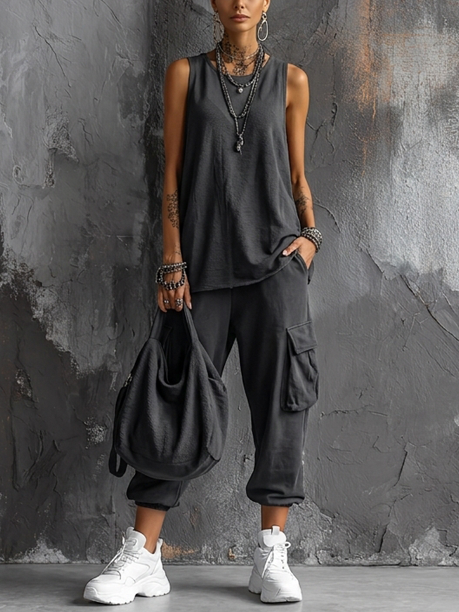 Completo Top senza maniche in Cotone Grigio scuro + Pantaloni cargo Jogger Stile Casual donna