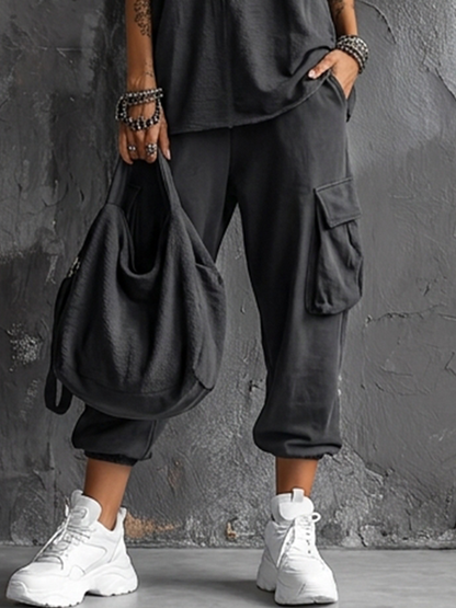 Completo Top senza maniche in Cotone Grigio scuro + Pantaloni cargo Jogger Stile Casual donna