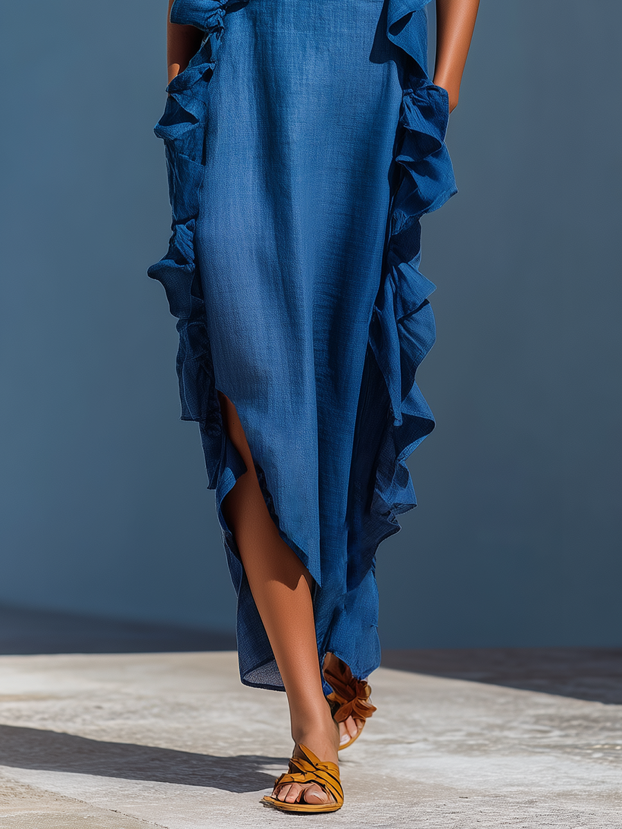 Abito maxi donna in lino Blu con Spalline Finos e Volant
