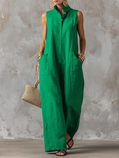 Jumpsuit Minimalista Femminile in lino — Collo alto, Senza maniche, Bottoni Individuales