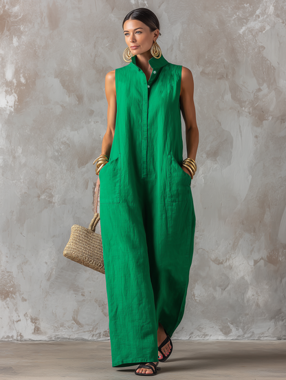 Jumpsuit Minimalista Femminile in lino — Collo alto, Senza maniche, Bottoni Individuales