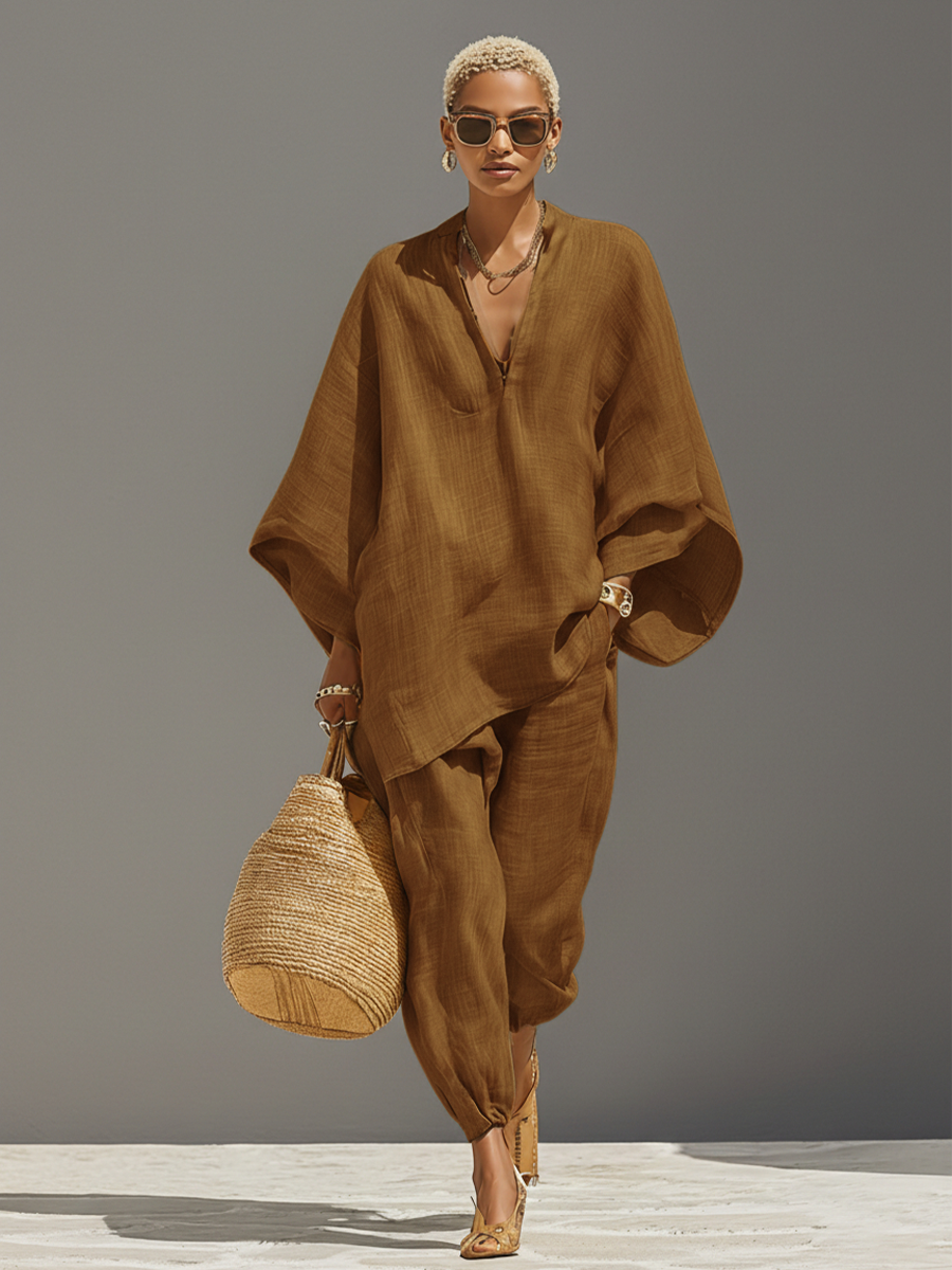 Completo Neutro in lino per donna con Orlo asimmetrico e Design minimalista, Stile Quotidiano-Casual Sofisticato