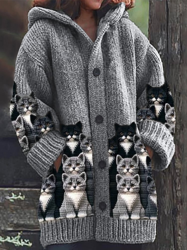 Jasmin - Cardigan in maglia Caldo e morbido con stampa di Gatos