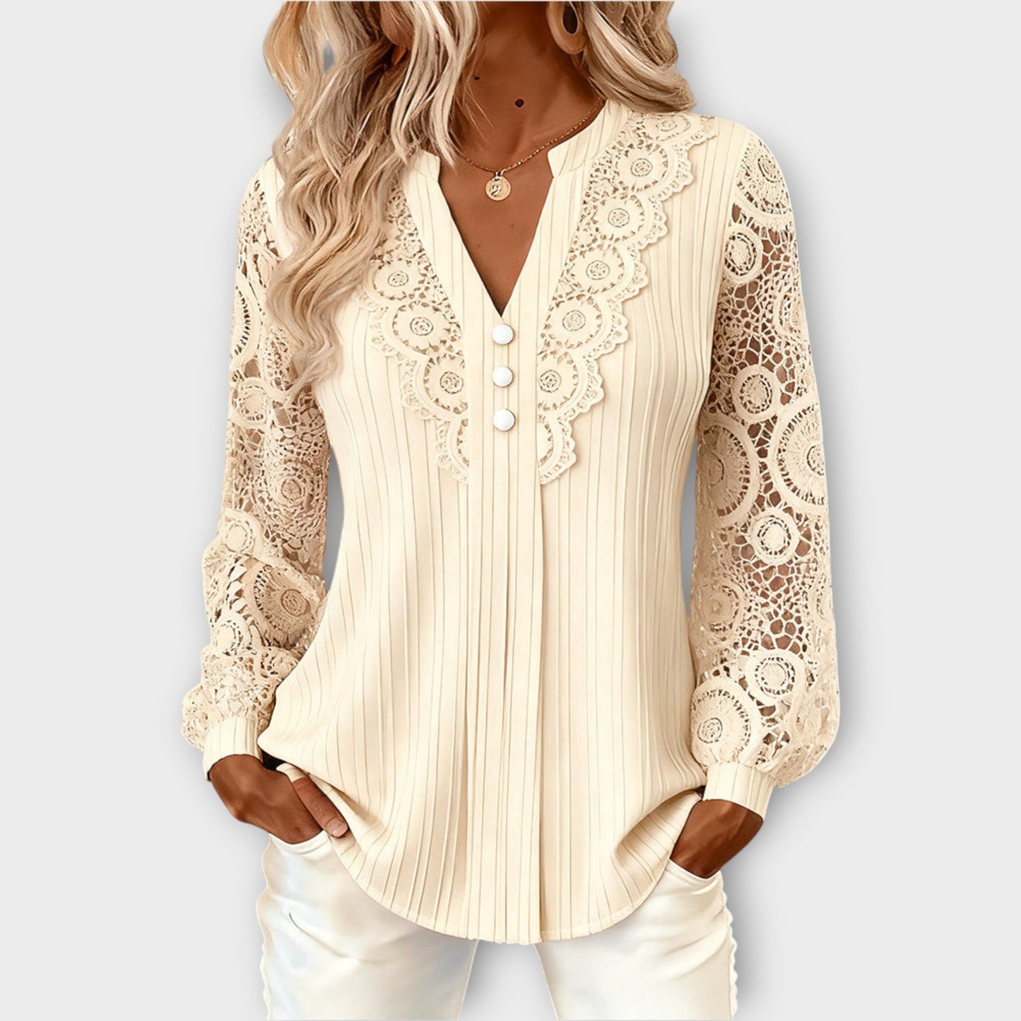 Blusa plissettata con Maniche di Pizzo Elegante