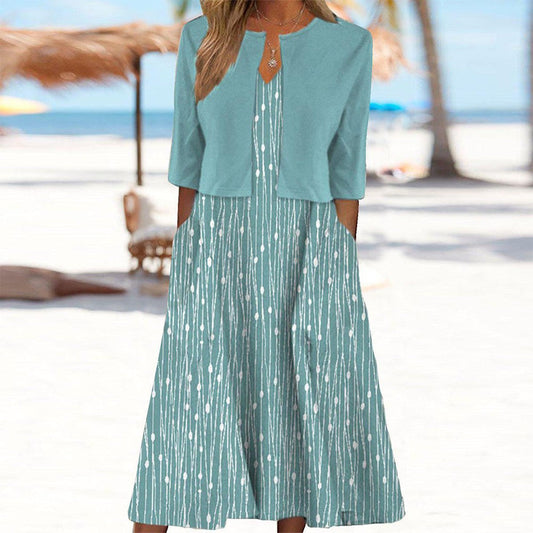 Abito Midi Unico con Stampato di Plantas Azules e Chaqueta