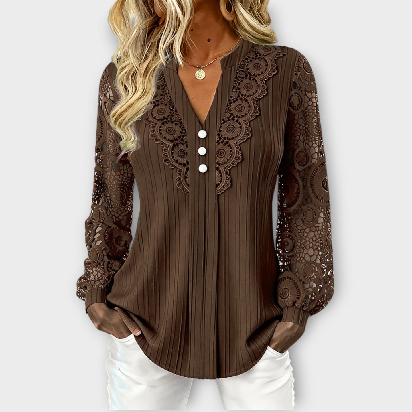 Blusa plissettata con Maniche di Pizzo Elegante