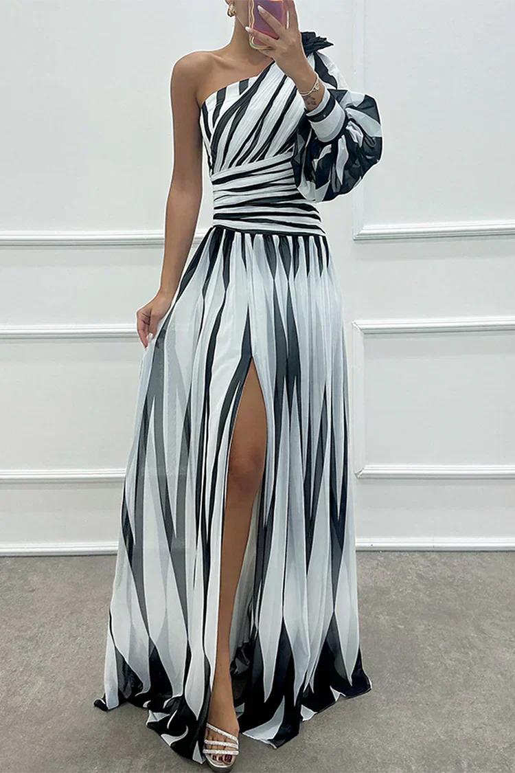 Shiloh - Elegante Abito Maxi di Righe con Un Hombro