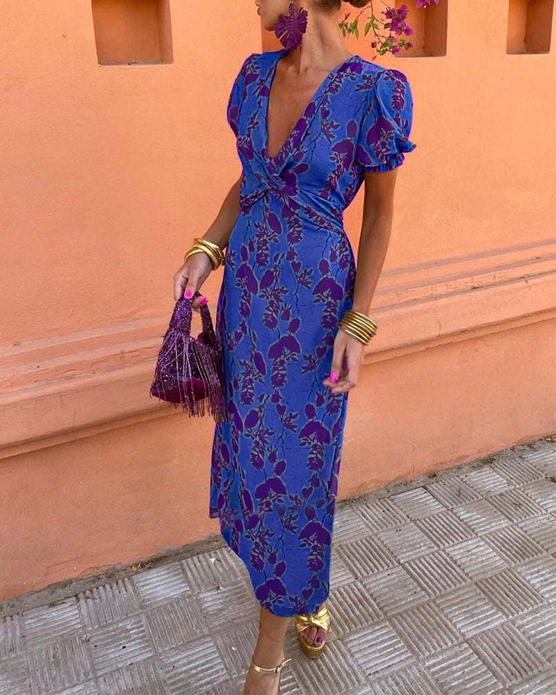 Aria™ - Elegante Abito maxi con Scollo a V e Motivo di Foglie