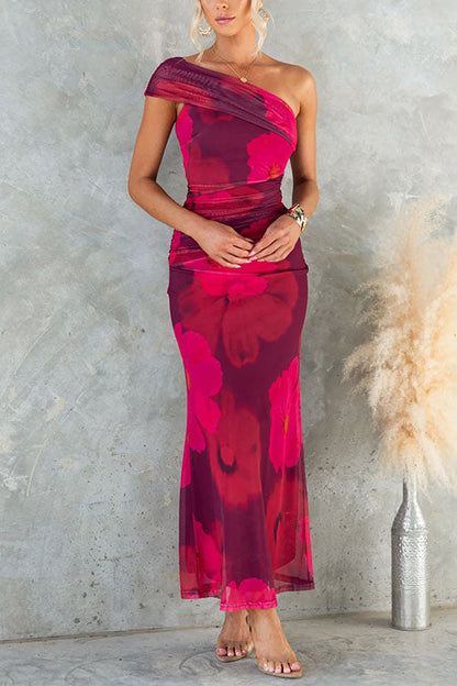 Abito maxi Bodycon di Rete con Stampa floreale monospalla