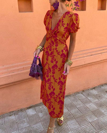 Aria™ - Elegante Abito con scollo a V profundo con motivo di hojas
