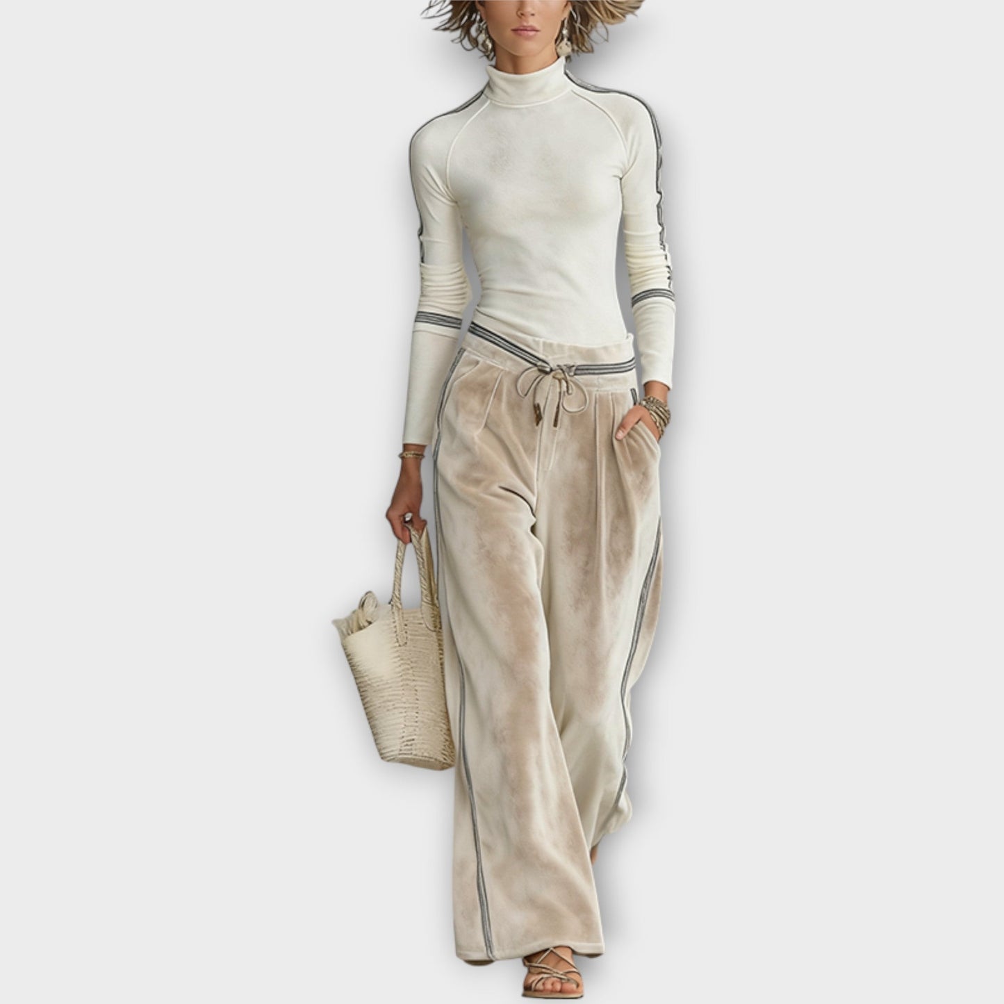 Set di Top di Maglia con Borde in Contraste e Pantaloni Lounge di Velour