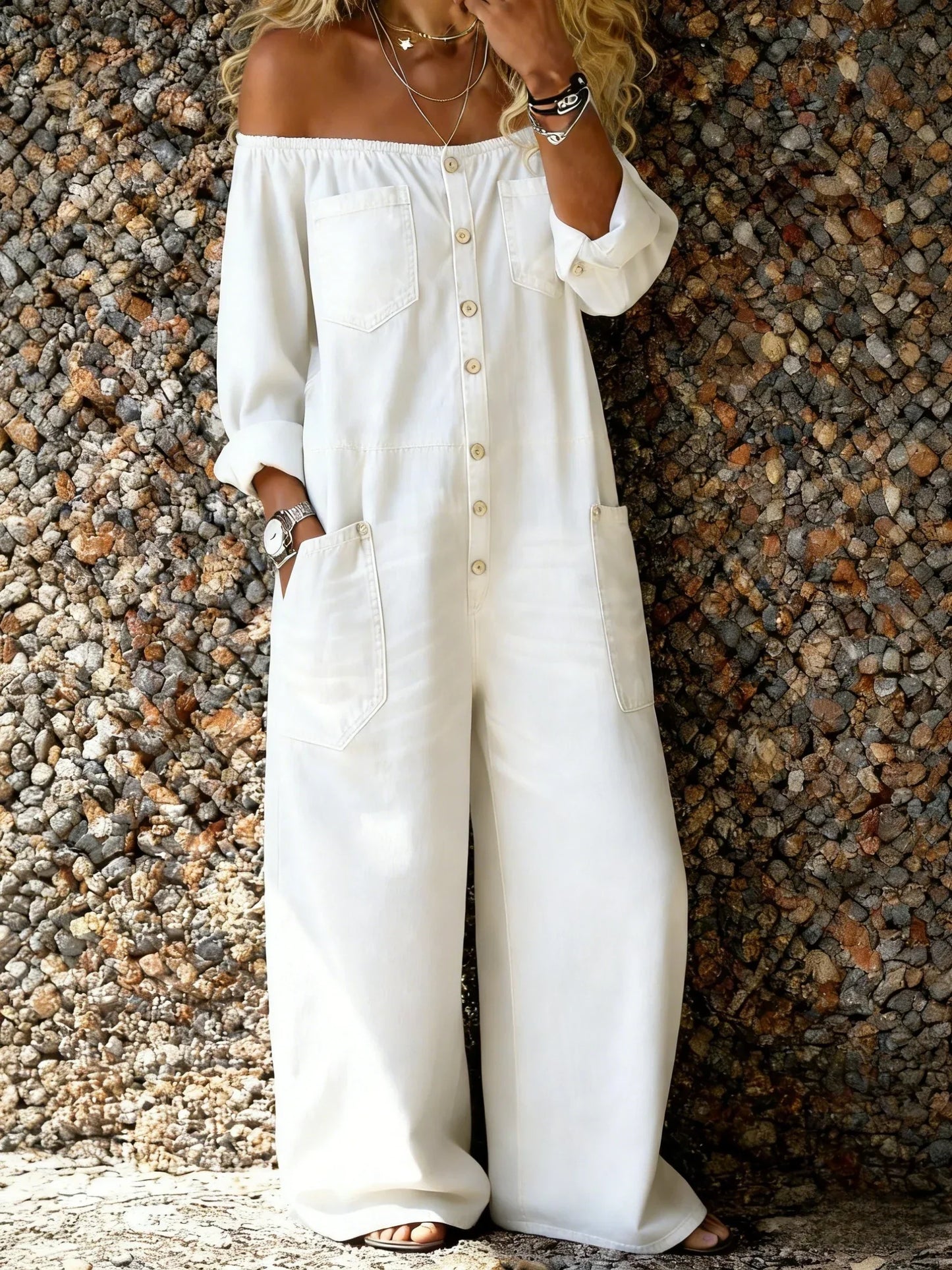 Noa | Salopette in denim con Scollo Off-Shoulder