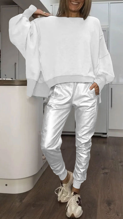 Set Casual di Collo rotondo per Donne + Pantaloni di Cuero Sintético