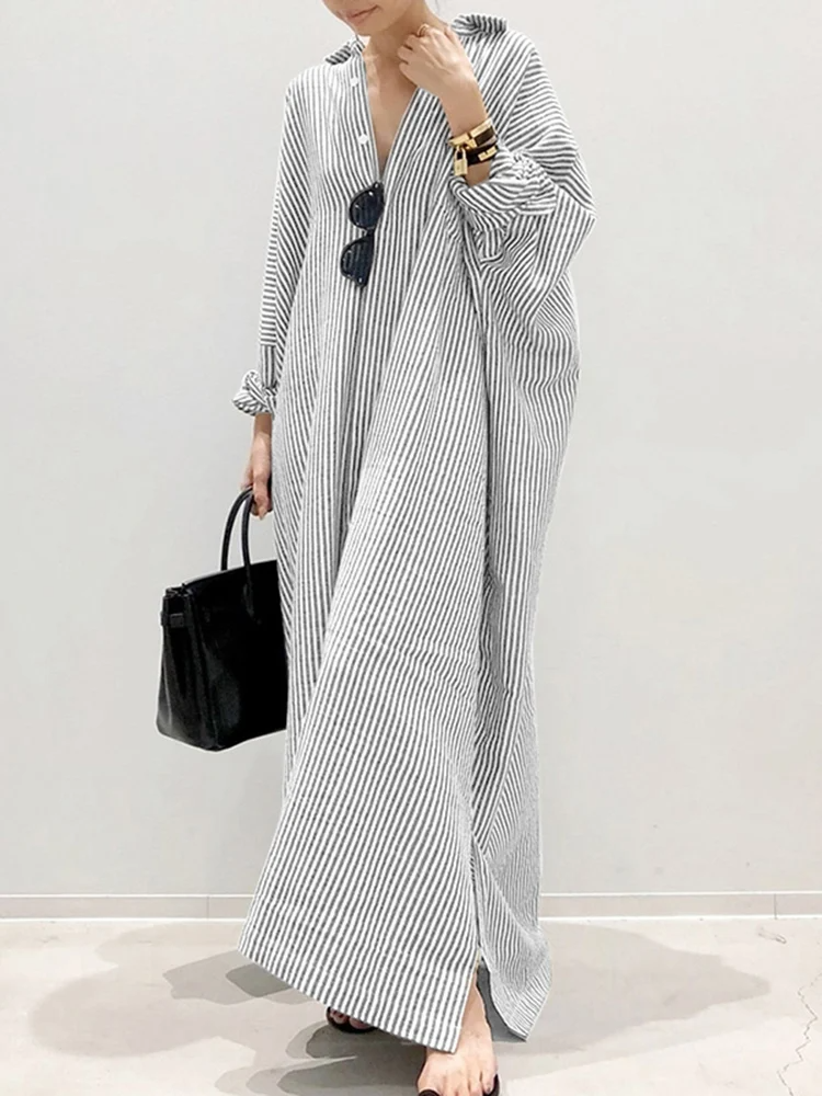 Alyssa™ - Abito Maxi Stampato a righe con Maniche Abullonadas