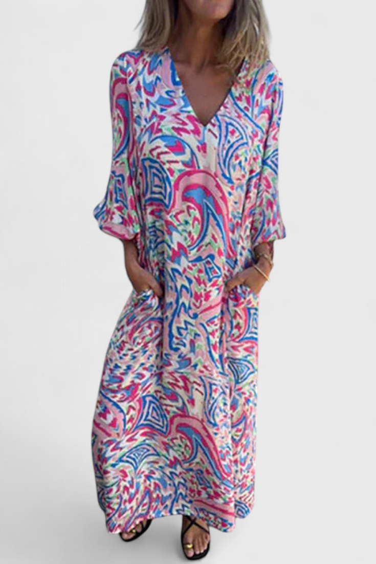 Carmina Abito maxi Boho con scollo a V e Stampa Abstracto