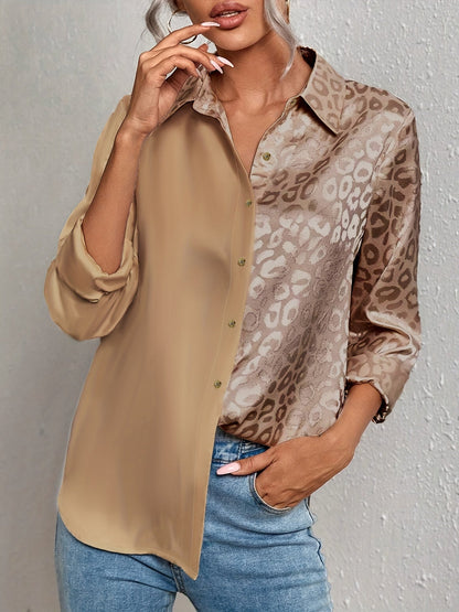 Gwendolyn - Camicia Button-Up in Satin Bicolor con Stampa di Leopardo