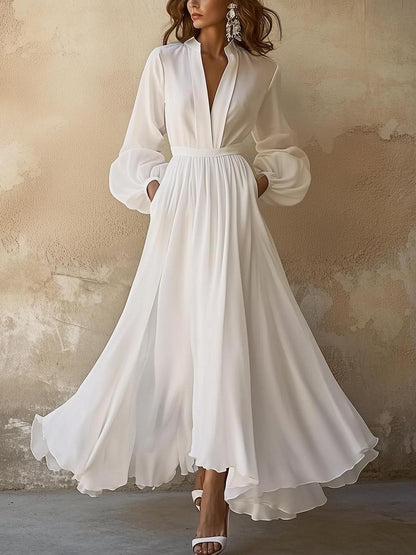 Abito maxi Bianco Sencillo di Collo a V Vintage