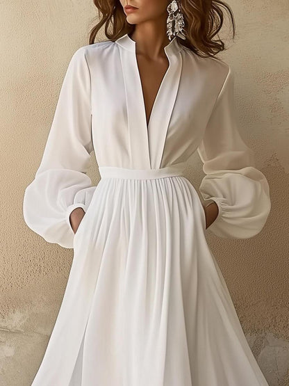 Abito maxi Bianco Sencillo di Collo a V Vintage