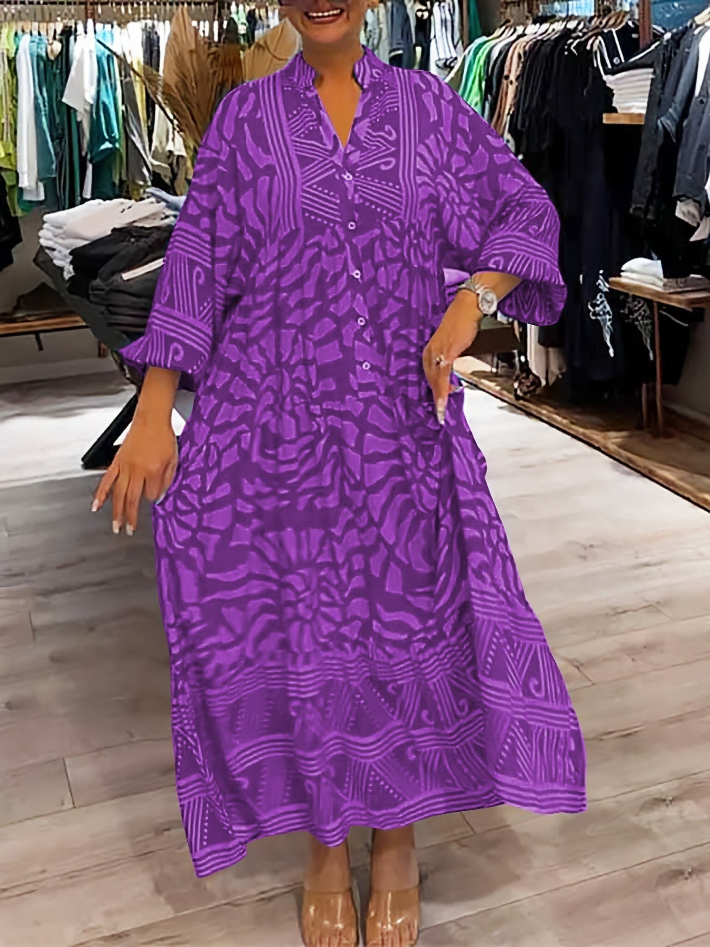 Elka™ - Abito Morbido Stampato con scollo a V da donna