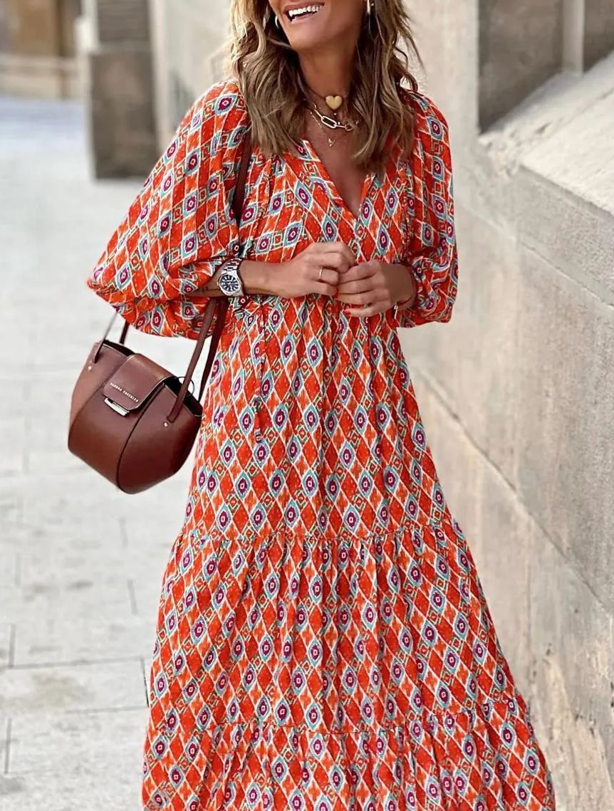 WINONA – ABITO MAXI GEOMETRICO BOHEMIO CON MANICHE A PALLONCINO PER DONNA