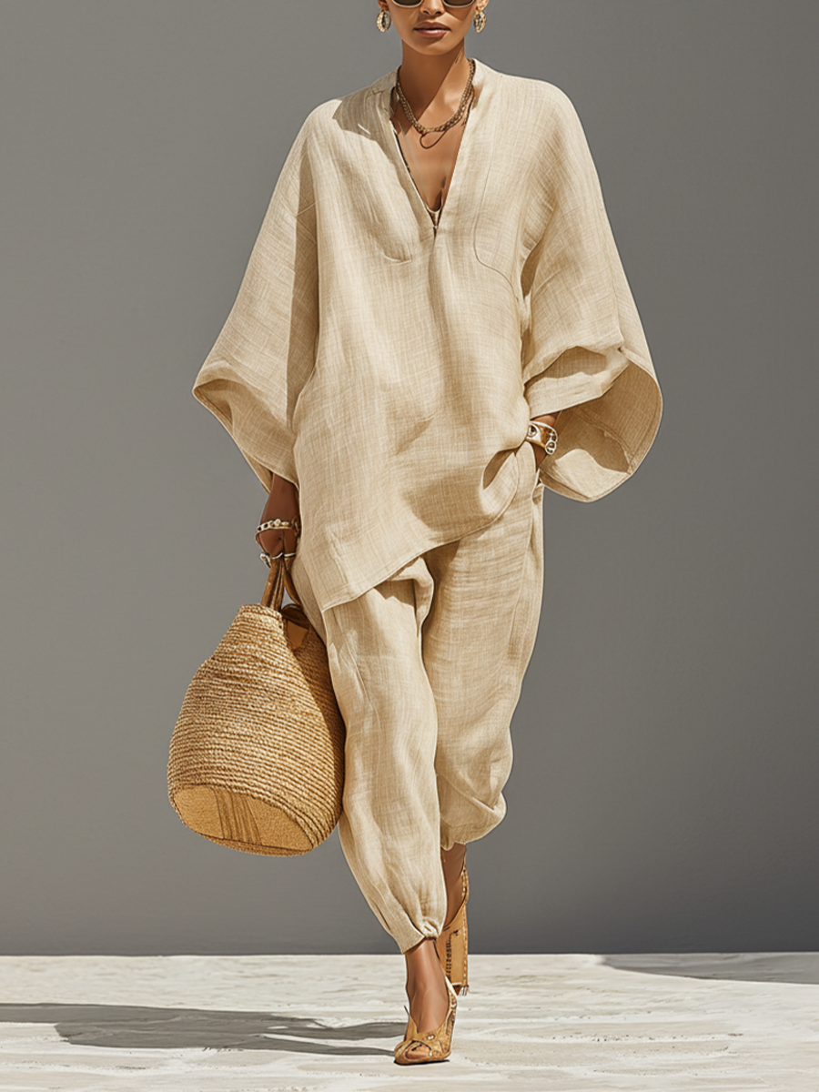 Completo Neutro in lino per donna con Orlo asimmetrico e Design minimalista, Stile Quotidiano-Casual Sofisticato