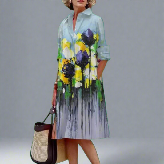 Rumi | Elegante Abito Midi Floreale con Maniche lunghe e Solapa
