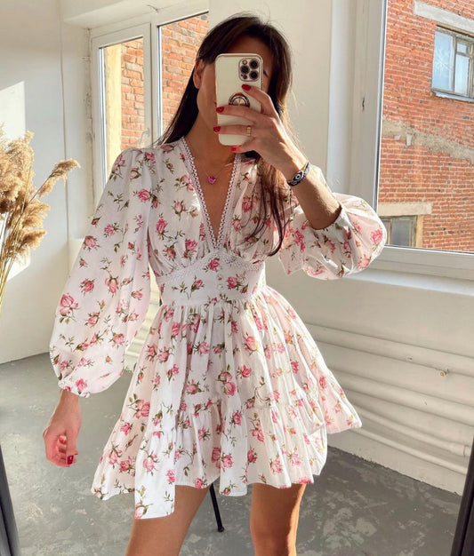 Abito mini Floreale per Donne con Maniche lunghe Abullonadas e Scollo a V