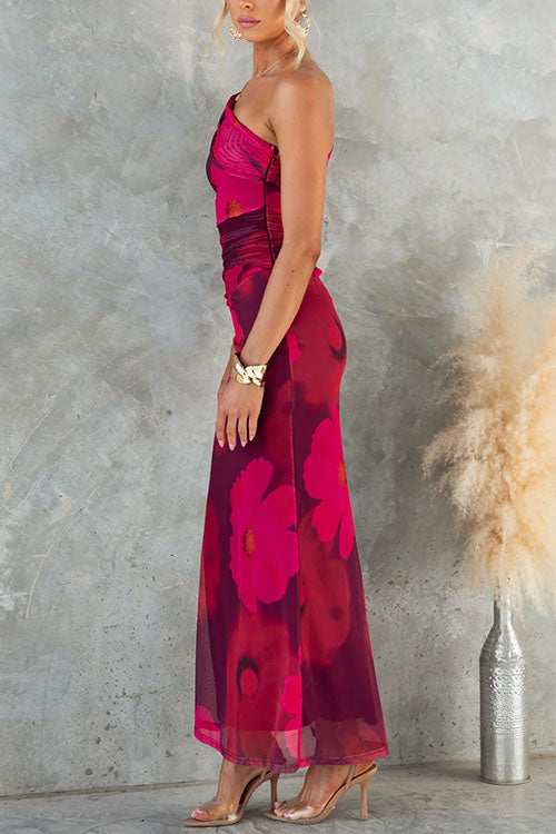 Abito Maxi Bodycon di Rete con Stampato Floreale di Un Hombro
