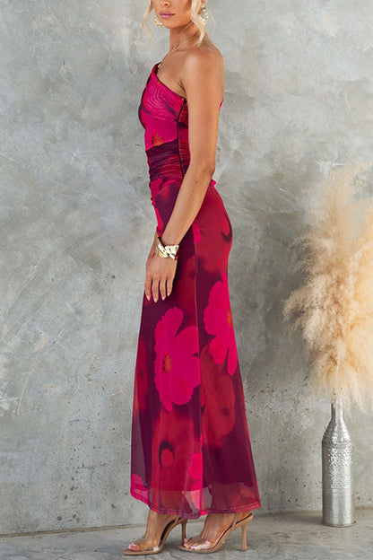 Abito Maxi Bodycon di Rete con Stampato Floreale di Un Hombro