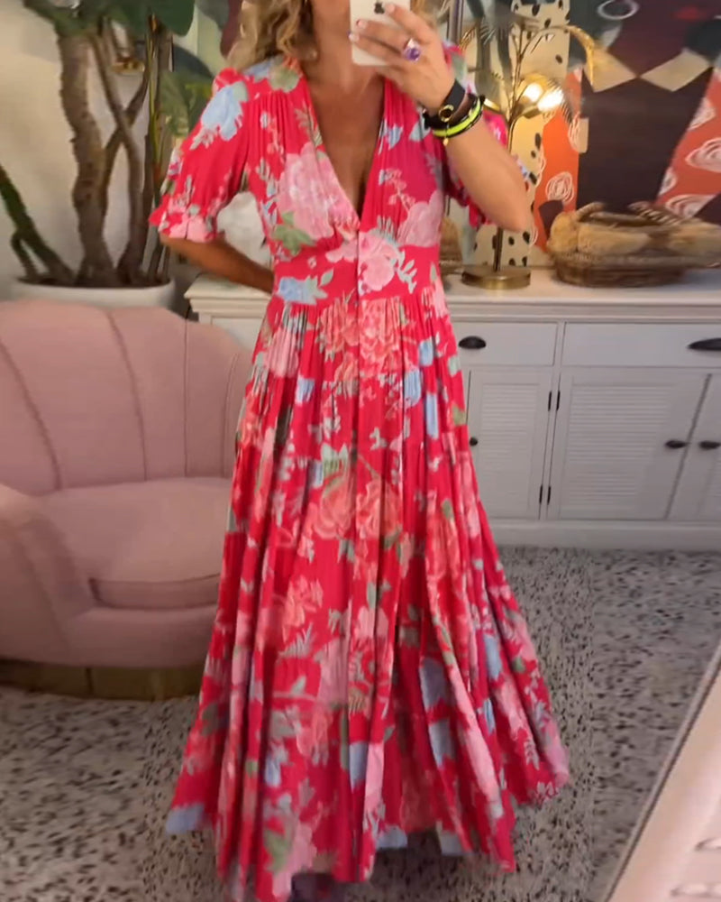 Catrisa ~ Abito Floreale con scollo a V e Tasche