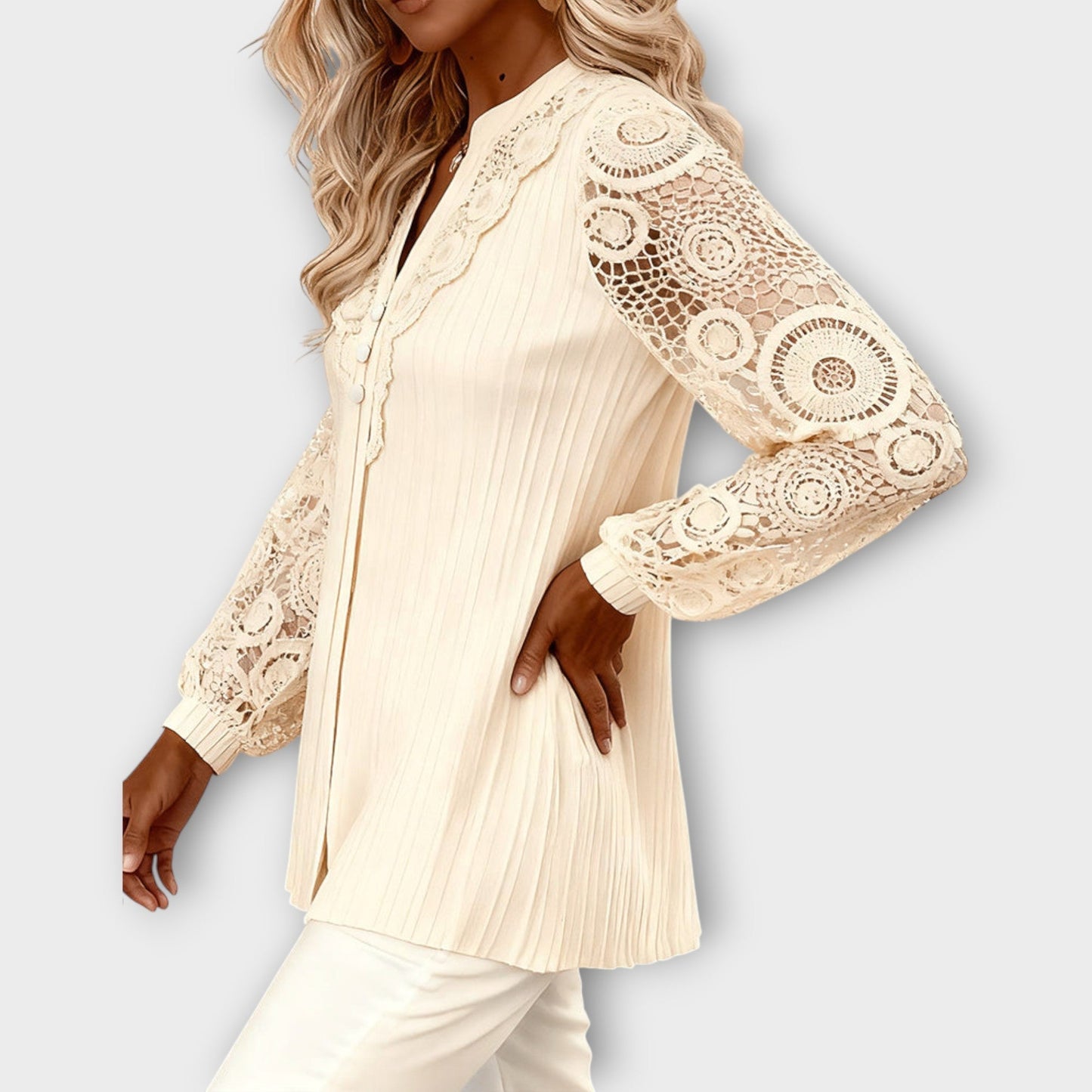 Blusa plissettata con Maniche di Pizzo Elegante