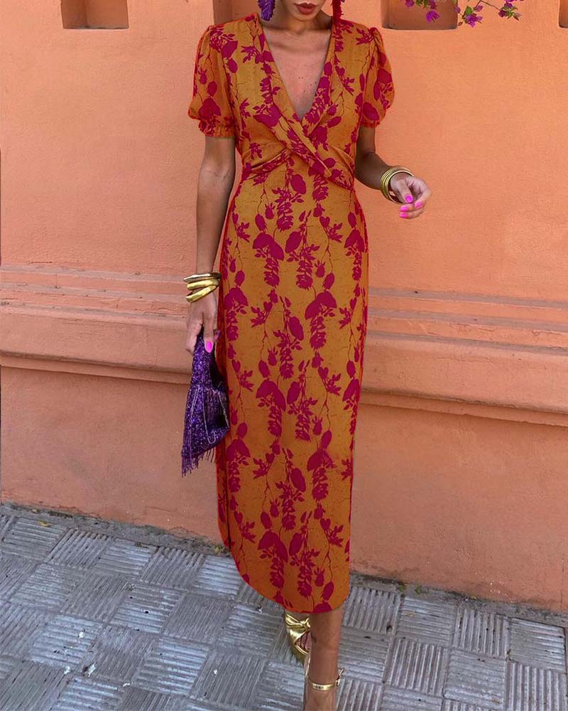 Aria™ - Elegante Abito con scollo a V profundo con motivo di hojas