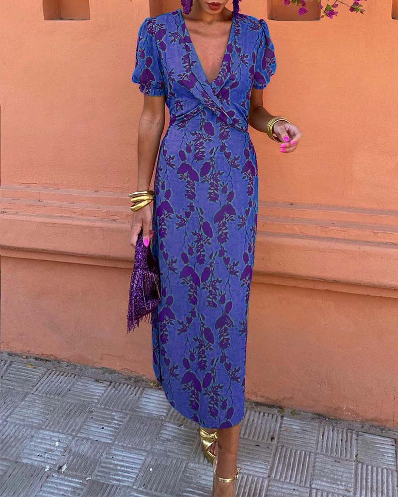 Aria™ - Elegante Abito maxi con Scollo a V e Motivo di Foglie