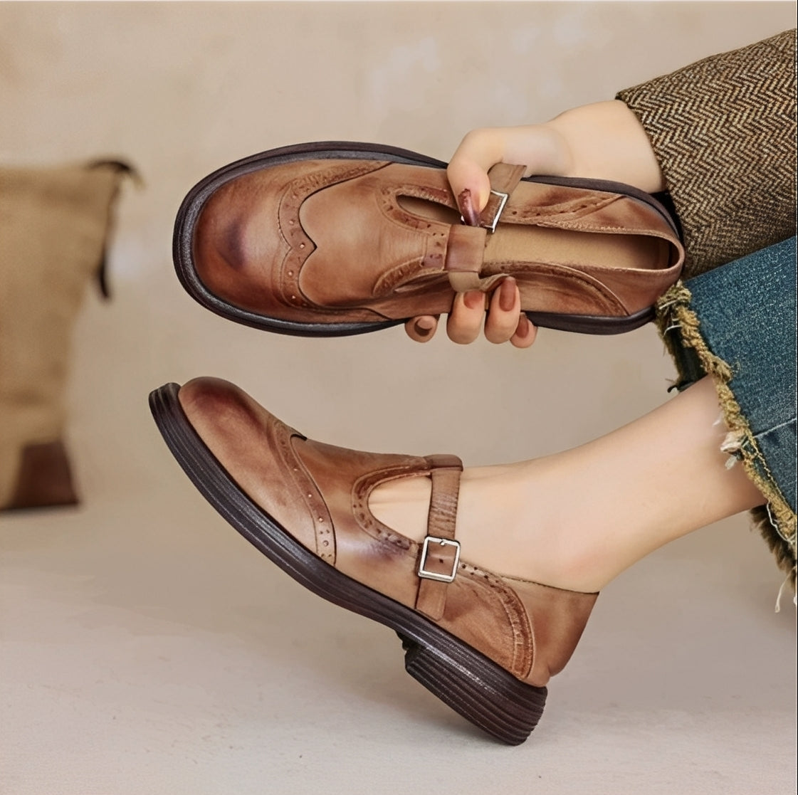 Erika - Scarpe retrò in pelle grueso da donna