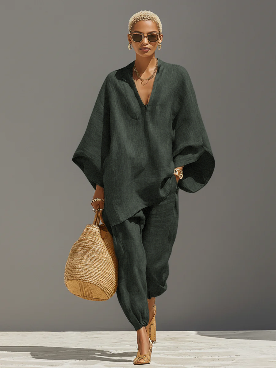 Completo Neutro in lino per donna con Orlo asimmetrico e Design minimalista, Stile Quotidiano-Casual Sofisticato