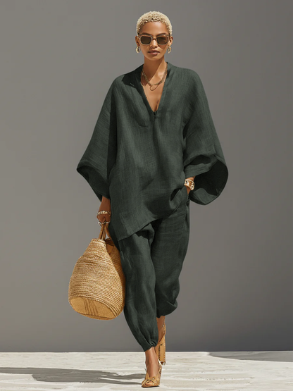 Completo Neutro in lino per donna con Orlo asimmetrico e Design minimalista, Stile Quotidiano-Casual Sofisticato